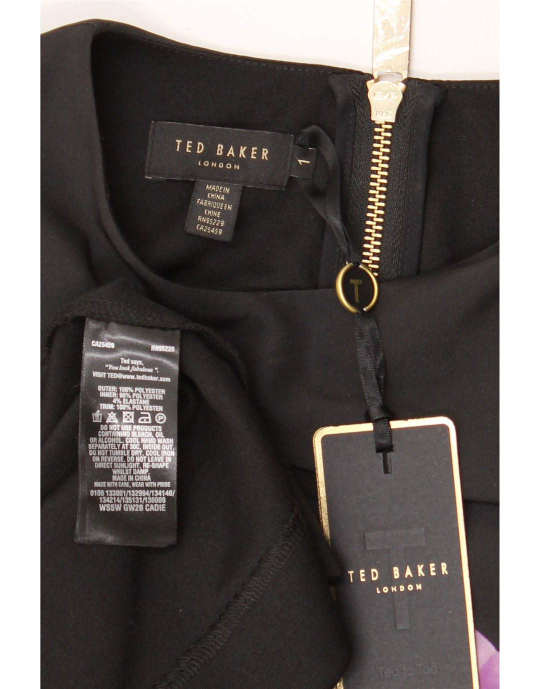 Женское платье с баской с рукавом 3/4 Ted Baker, размер 1 XS, черное полиэстер с цветочным принтом