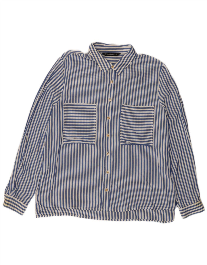 Женская рубашка Zara UK 14, средний синий в тонкую полоску, вискоза