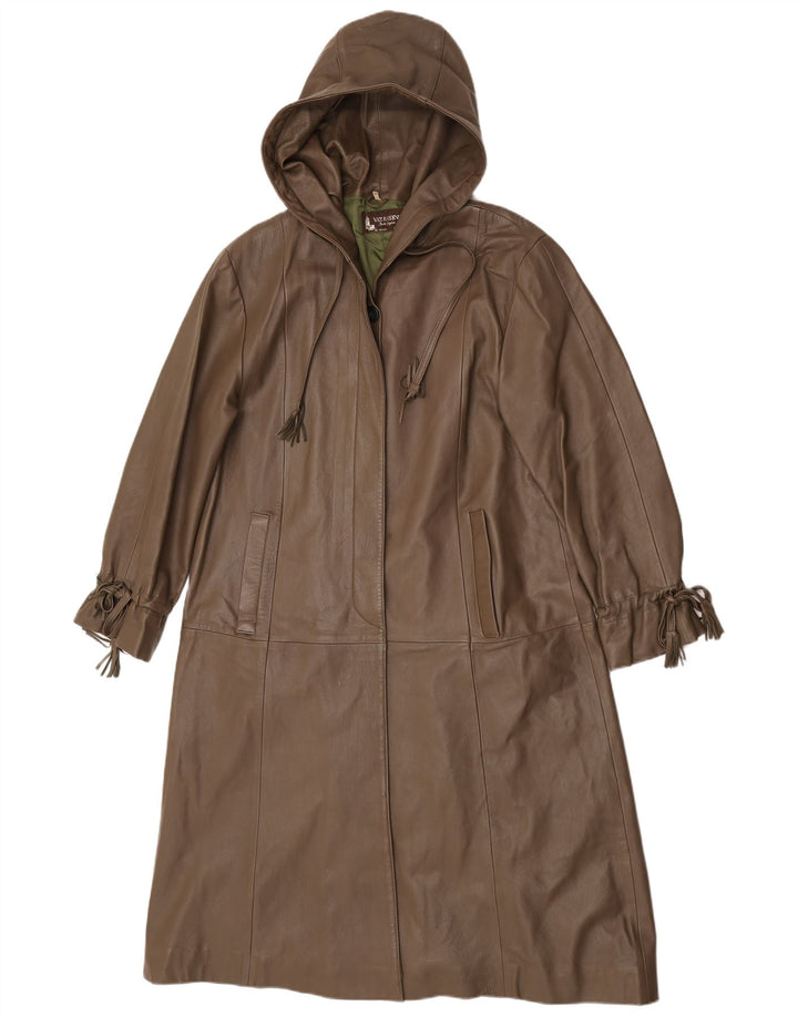 Винтажное женское кожаное пальто с капюшоном EU 38, кожа среднего коричневого цвета