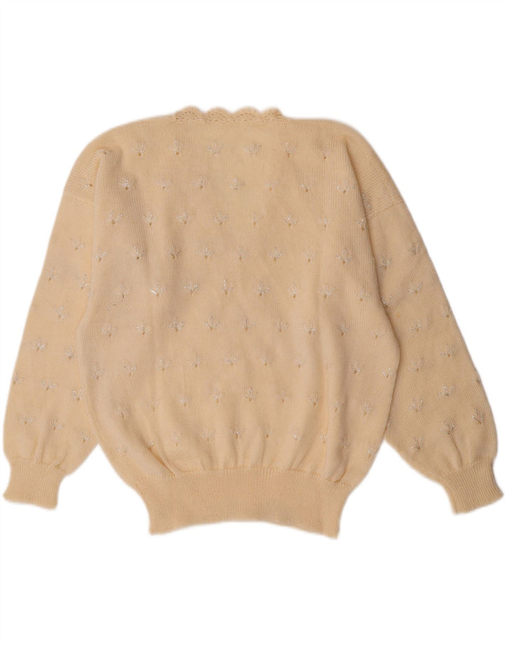 ВИНТАЖНЫЙ женский джемпер с v-образным вырезом, Великобритания 14, средний с белым цветочным принтом