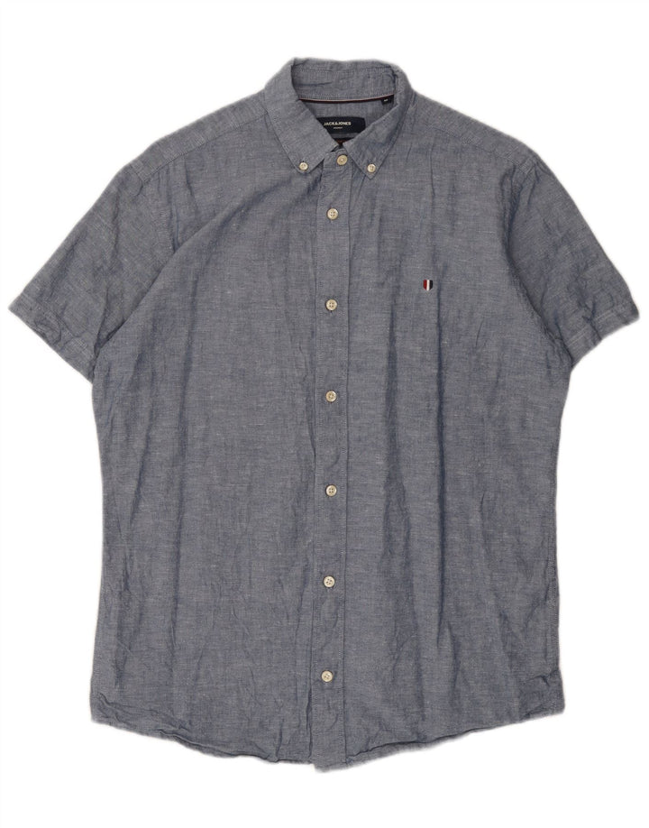 Мужская рубашка с коротким рукавом Jack & Jones из хлопка среднего синего цвета