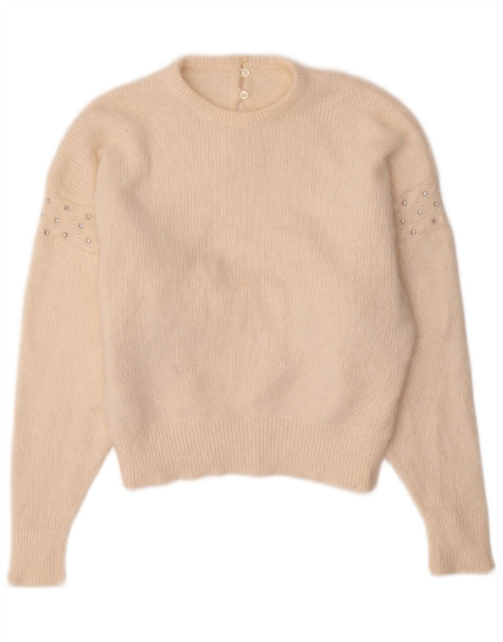 ВИНТАЖНЫЙ женский джемпер с круглым вырезом, Великобритания 14, средний, белый цвет