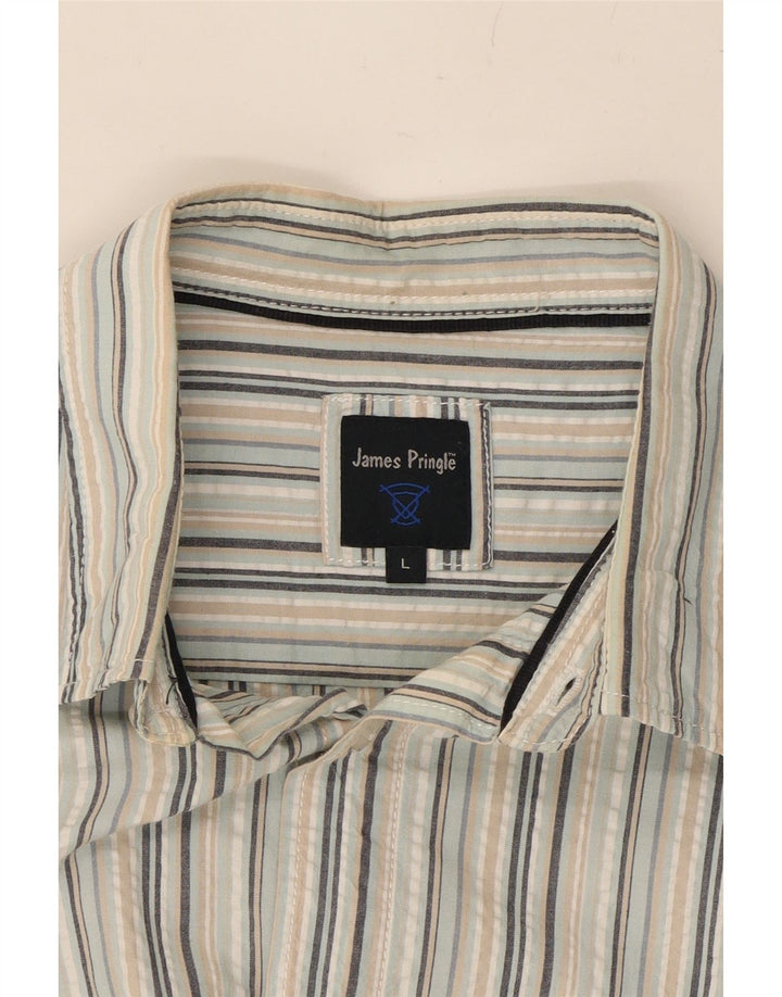 JAMES PRINGLE Mens Short Sleeve Shirt Large Grey Striped Vintage James Pringle and Second-Hand James Pringle from Messina Hembry 