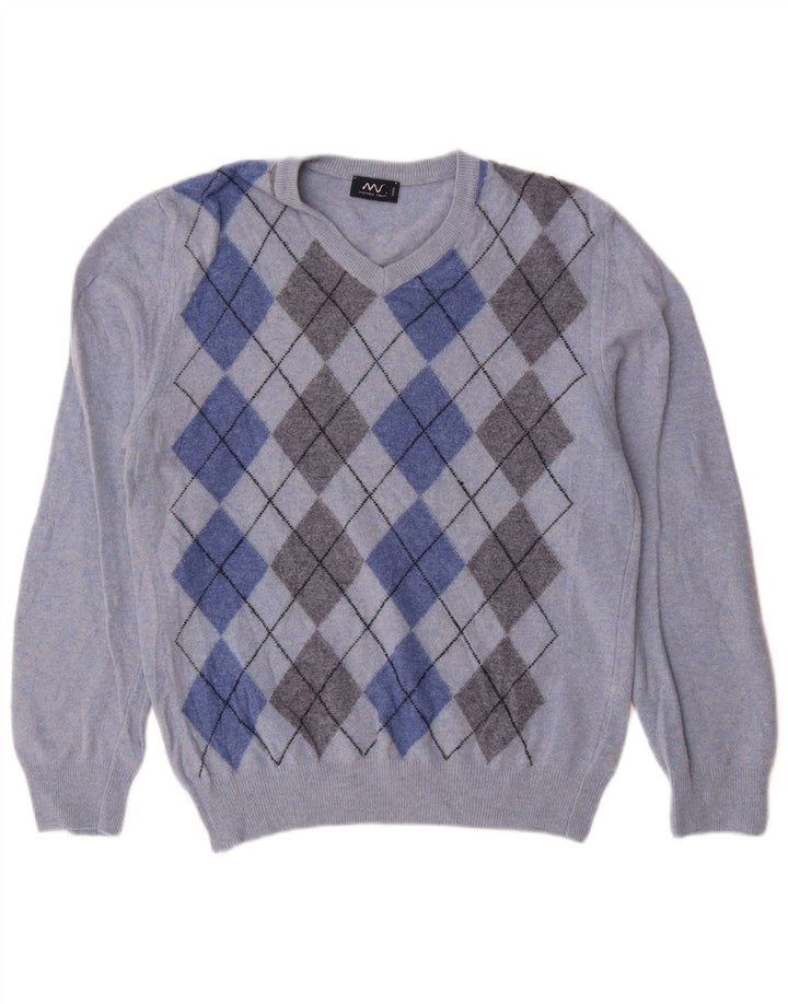 Matteo Volpi Женский джемпер с v-образным вырезом UK 12 Medium Blue Argyle/Diamond