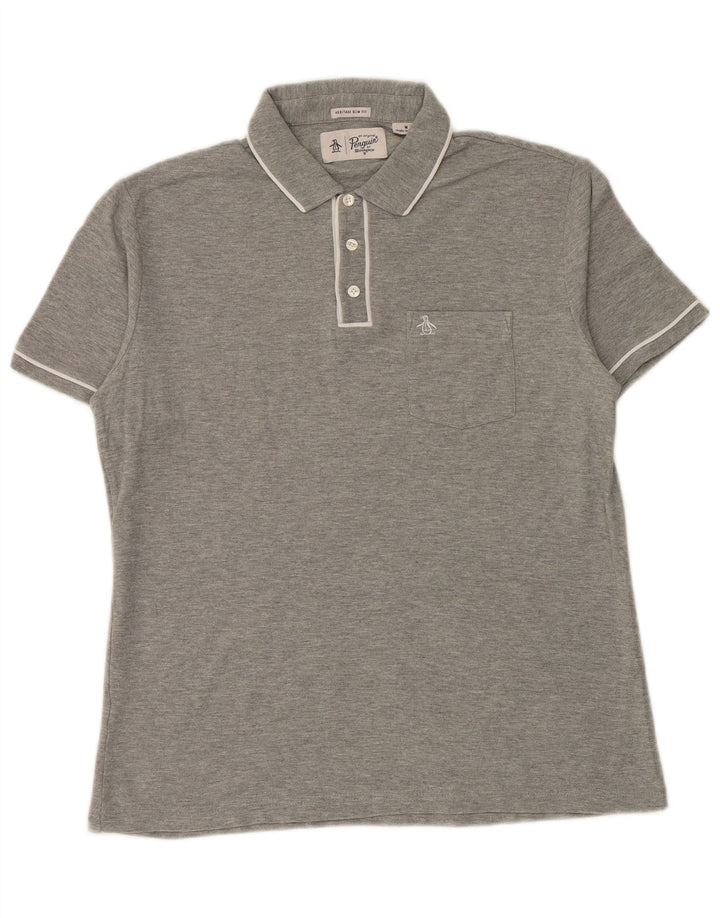 Мужская рубашка-поло Penguin Heritage Slim Fit среднего серого цвета в полоску