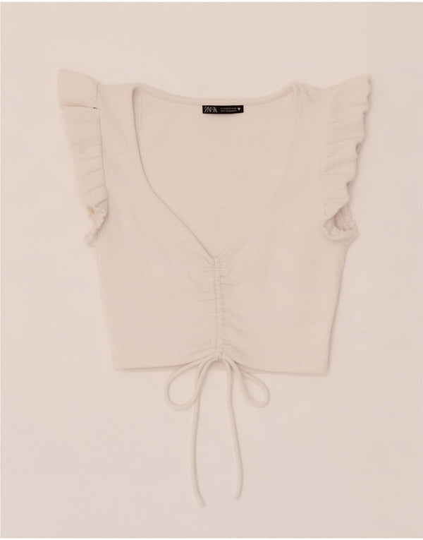 Женский укороченный топ Zara UK 12, средний белый хлопок, белый цвет