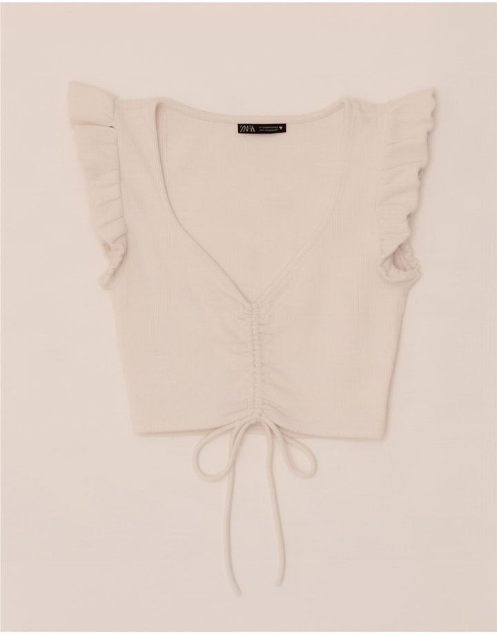 Женский укороченный топ Zara UK 12, средний белый хлопок, белый цвет