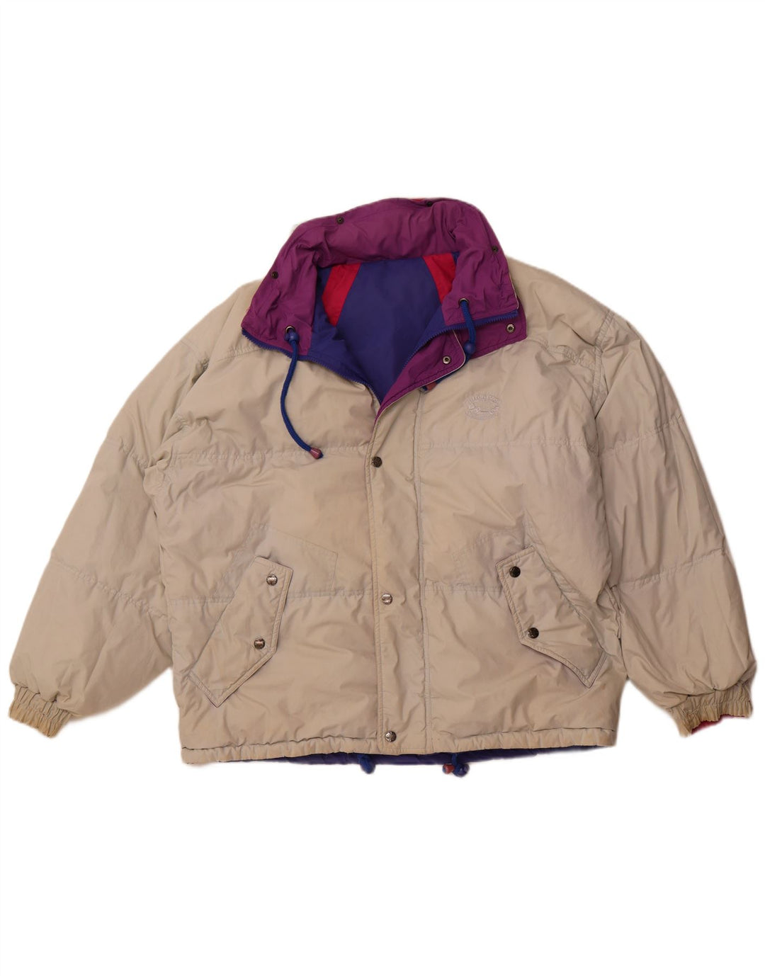 ВИНТАЖНАЯ женская двусторонняя куртка с капюшоном, большая бежевая, полиэстер с цветными блоками