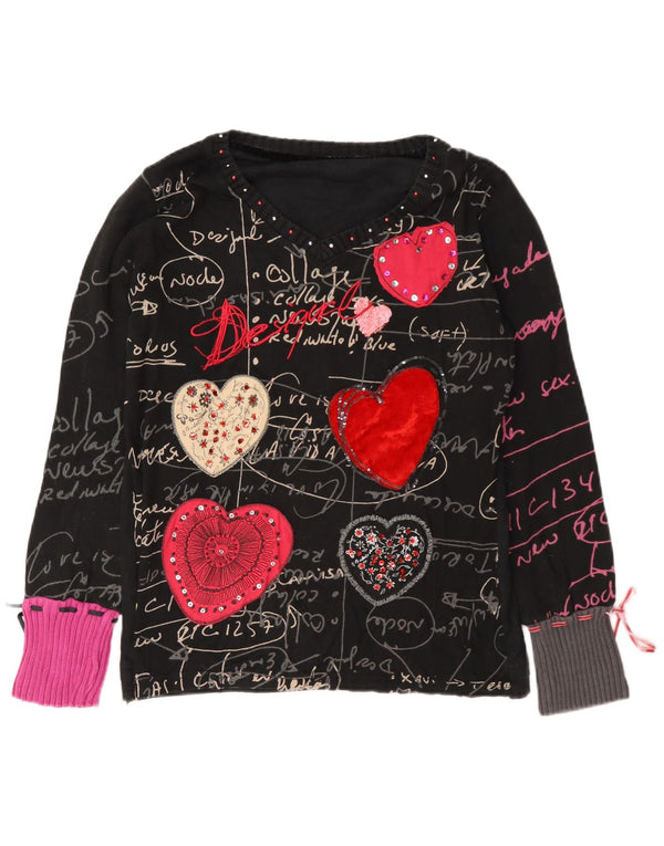 Женский топ Desigual с длинным рукавом и рисунком, Великобритания, 18 XL, черный, хлопковый, с сердцем