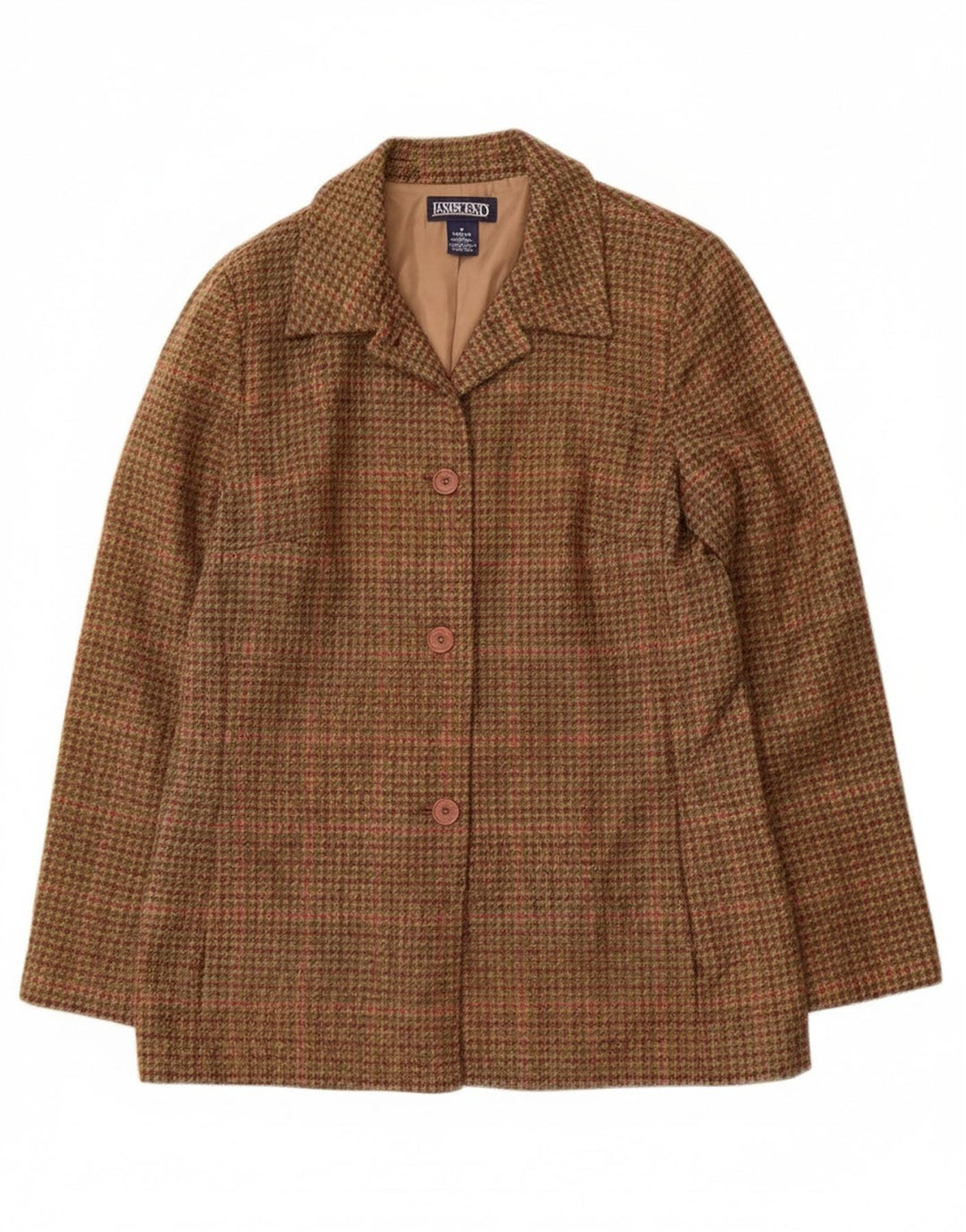 LANDS END Womens 3 Button Blazer Jacket UK 8 Small Brown Houndstooth Wool