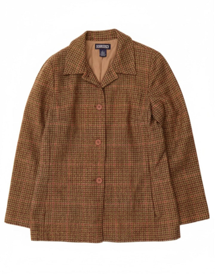 LANDS END Womens 3 Button Blazer Jacket UK 8 Small Brown Houndstooth Wool