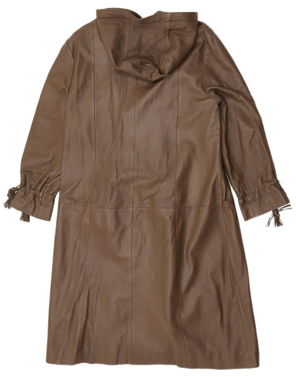 Винтажное женское кожаное пальто с капюшоном EU 38, кожа среднего коричневого цвета