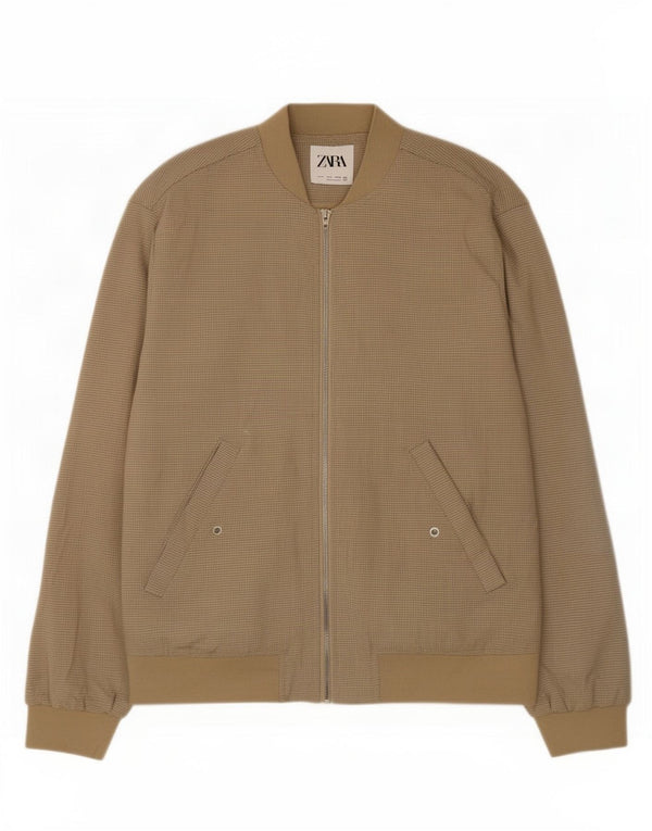 Мужская куртка-бомбер Zara UK 36, маленькая, бежевая, полиэстер в клетку