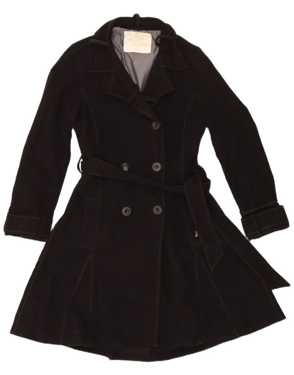 VINTAGE Womens Double Breasted Trench Coat UK 14 Medium Black Cotton