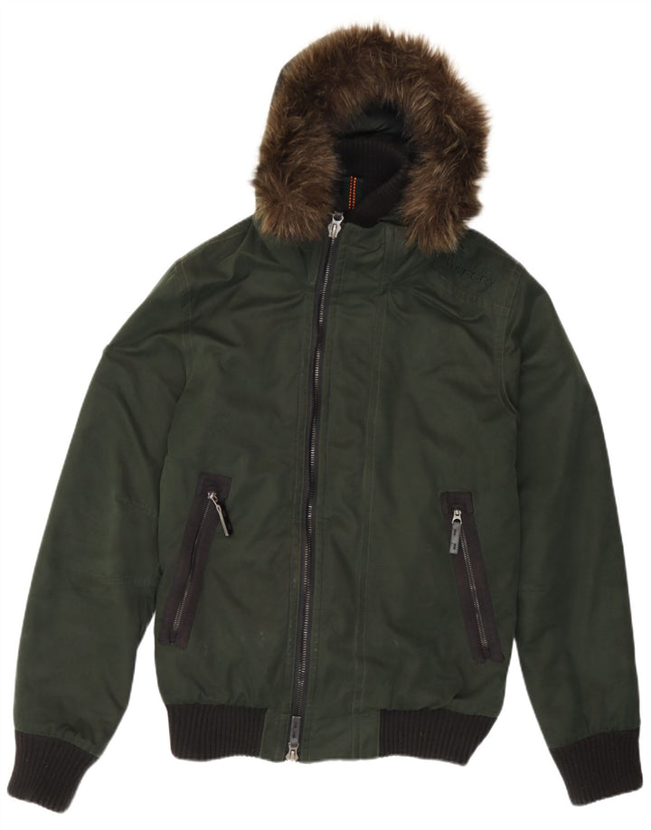 Мужская куртка-бомбер Superdry с капюшоном, Великобритания, 36, маленькая, зеленая, полиэстер с цветными блоками