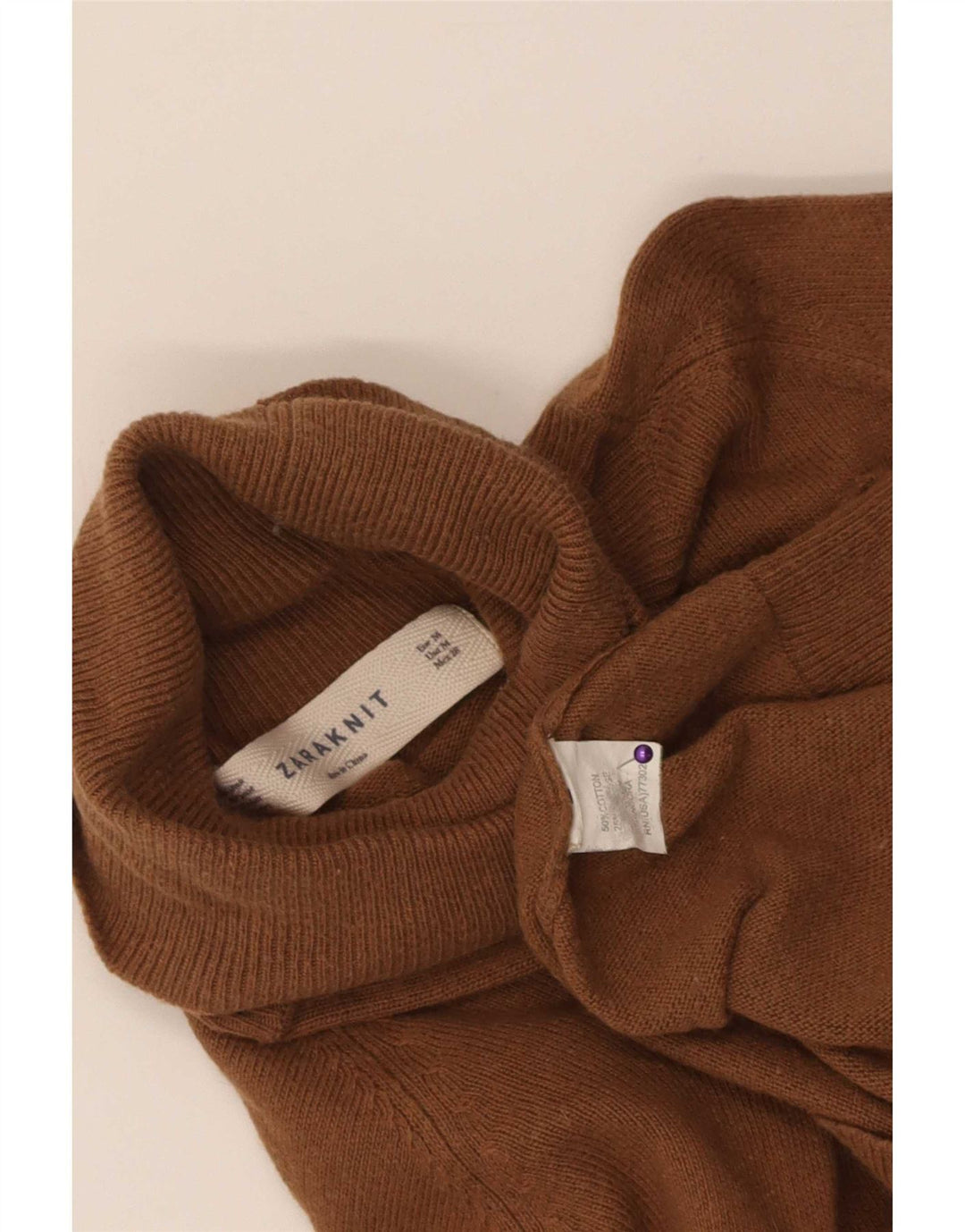 Женский джемпер с высоким воротником Zara UK 12, хлопковый средний коричневый цвет