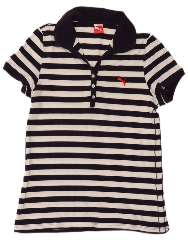 Puma Womens Polo Shirt UK 14 Large Navy Blue Striped Cotton