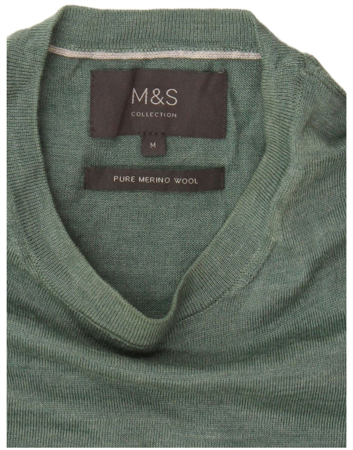 Мужской джемпер с круглым вырезом Marks & Spencer, средний зеленый цвет из мериносовой шерсти
