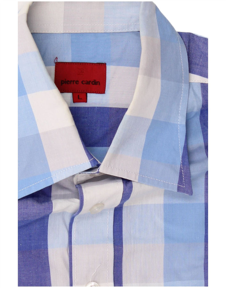 PIERRE CARDIN Mens Short Sleeve Shirt Large Blue Plaid Polyester