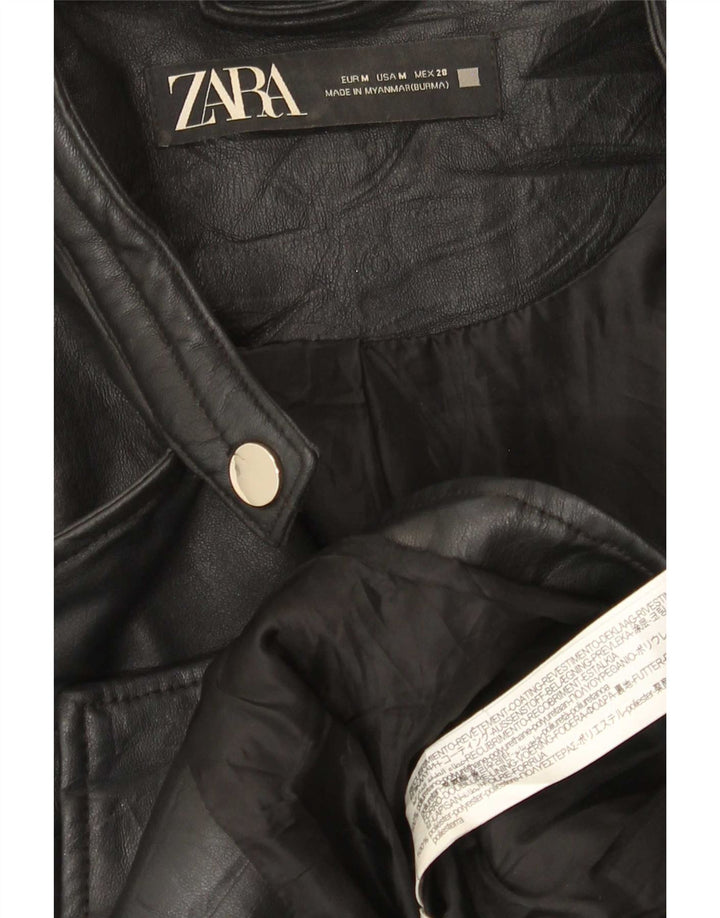 Женская укороченная байкерская куртка из искусственной кожи Zara UK 12, средний черный полиэтилен