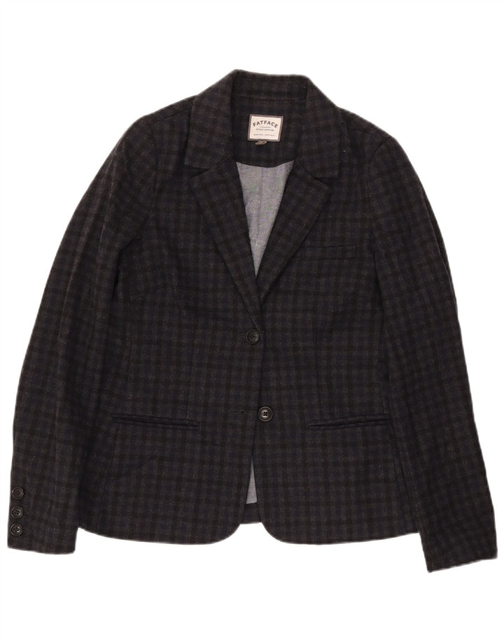 FAT FACE Womens 2 Button Blazer Jacket UK 12 Medium Navy Blue Gingham Wool