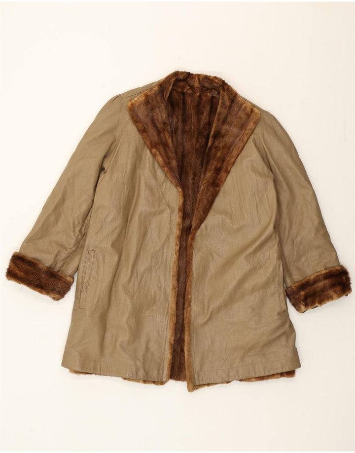 Винтажное женское меховое кожаное пальто UK 16, большое бежевое