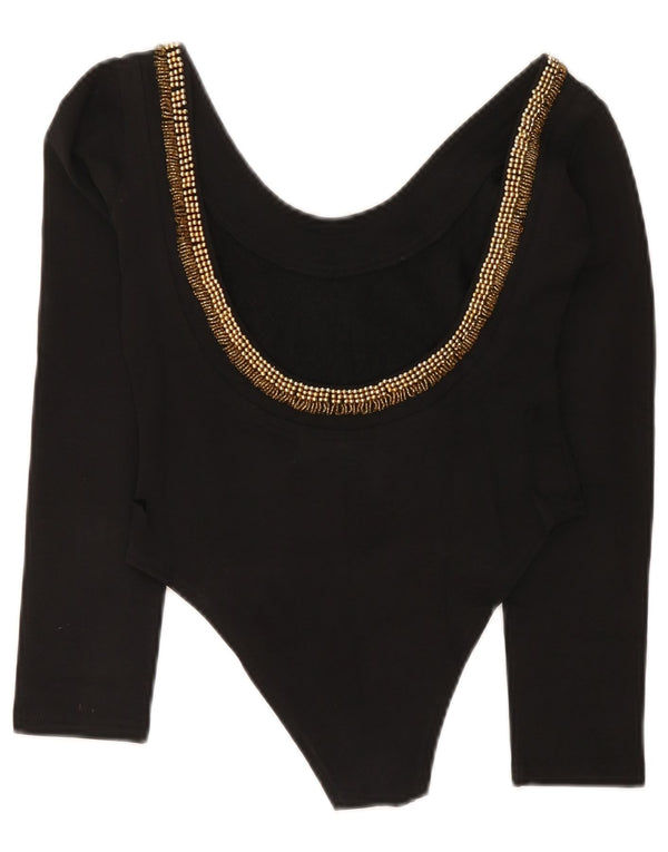 Винтажное женское боди с длинными рукавами UK 12, средний черный хлопок, черный цвет