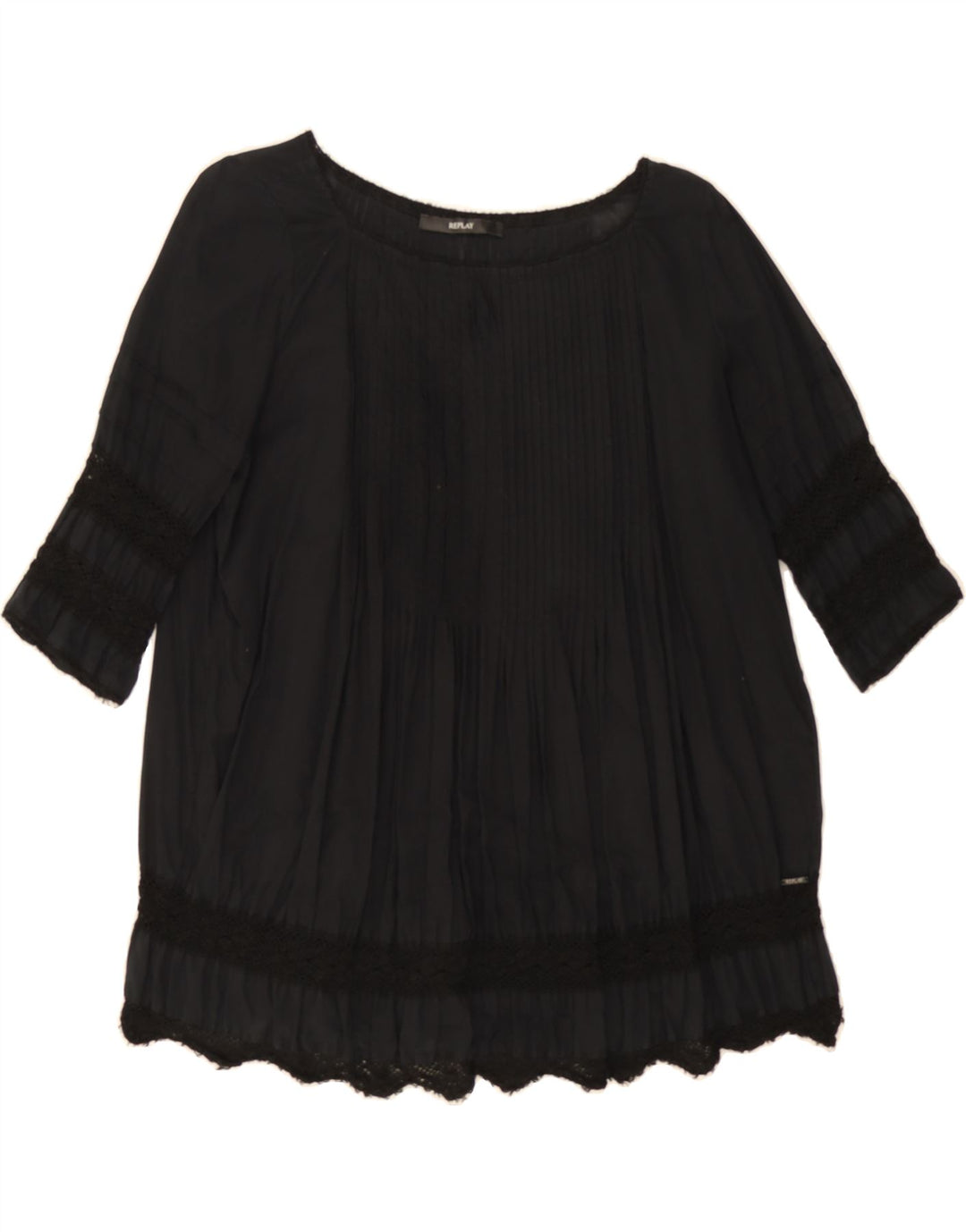 REPLAY Womens 3/4 Sleeve Blouse Top UK 12 Medium Black Cotton Vintage Replay and Second-Hand Replay from Messina Hembry 
