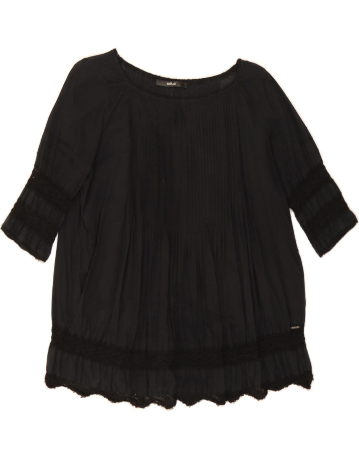 REPLAY Womens 3/4 Sleeve Blouse Top UK 12 Medium Black Cotton Vintage Replay and Second-Hand Replay from Messina Hembry 