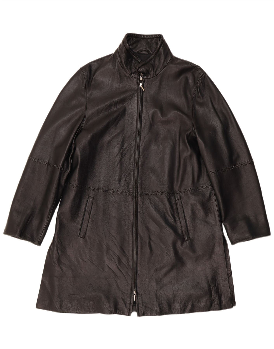 Винтажное женское кожаное пальто UK 12, среднее черное кожаное