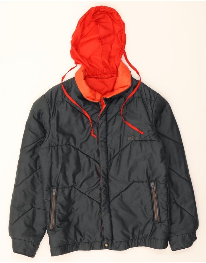 ELHO Mens Hooded Padded Jacket IT 46 Small Black Colourblock Polyamide Vintage Elho and Second-Hand Elho from Messina Hembry 