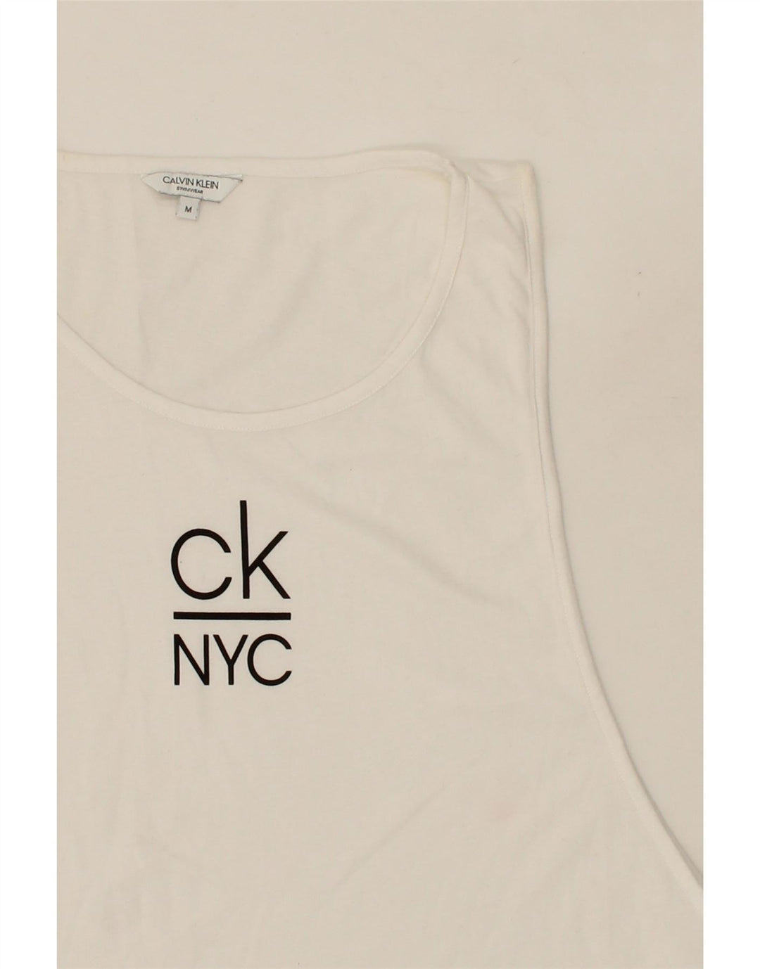 CALVIN KLEIN Womens NYC Graphic Asymmetric Vest Top UK 14 Medium White Vintage Calvin Klein and Second-Hand Calvin Klein from Messina Hembry 