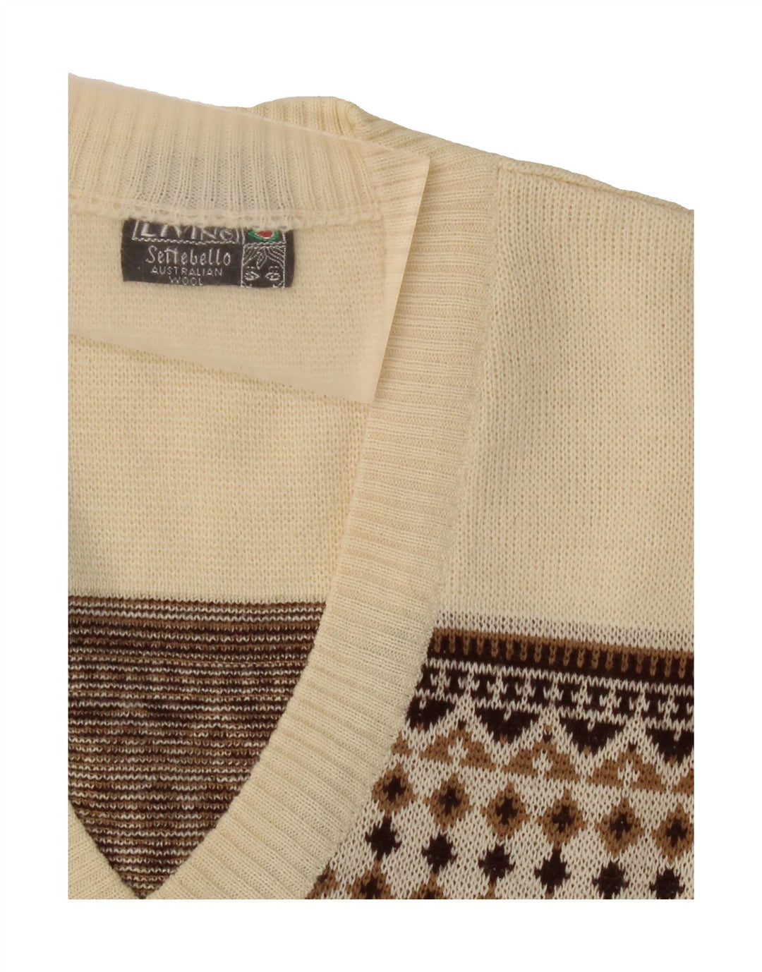 SETTEBELO Mens V-Neck Jumper Sweater Medium Beige Geometric Wool Vintage Settebelo and Second-Hand Settebelo from Messina Hembry 