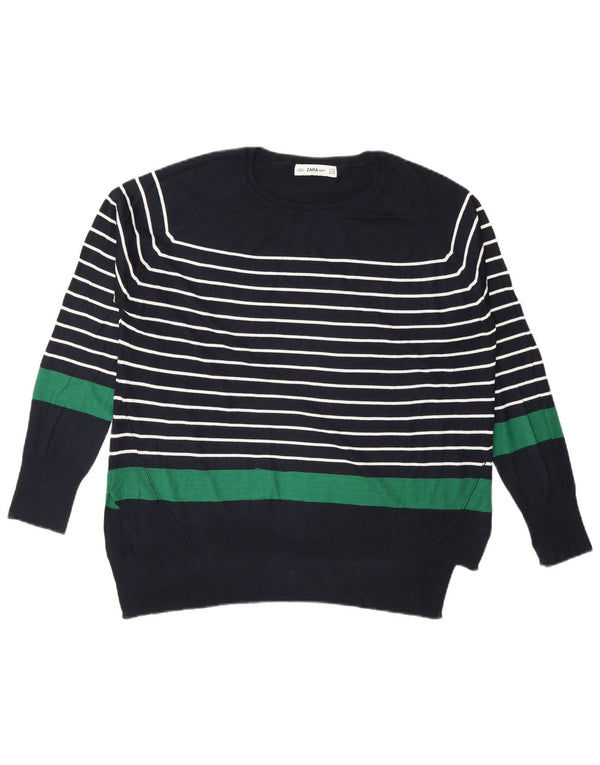 Zara Womens Crew Neck Jumper Sweater UK 14 Medium Navy Blue Striped