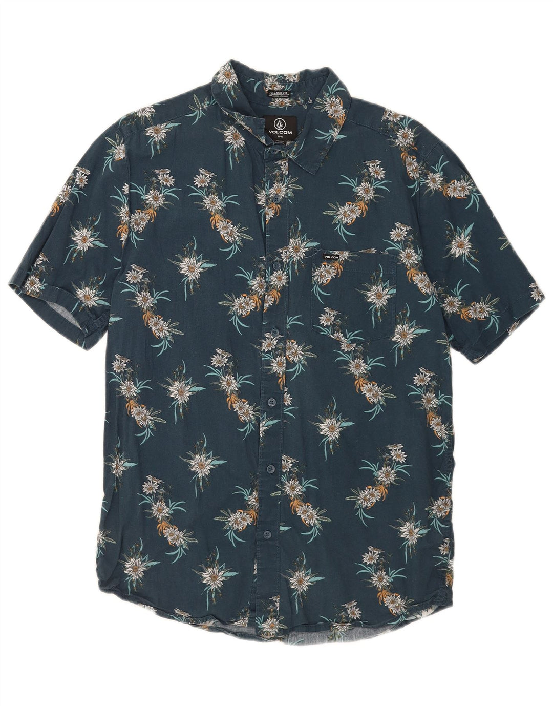 Мужская рубашка классического кроя с коротким рукавом Volcom, хлопковая рубашка среднего синего цвета с цветочным принтом