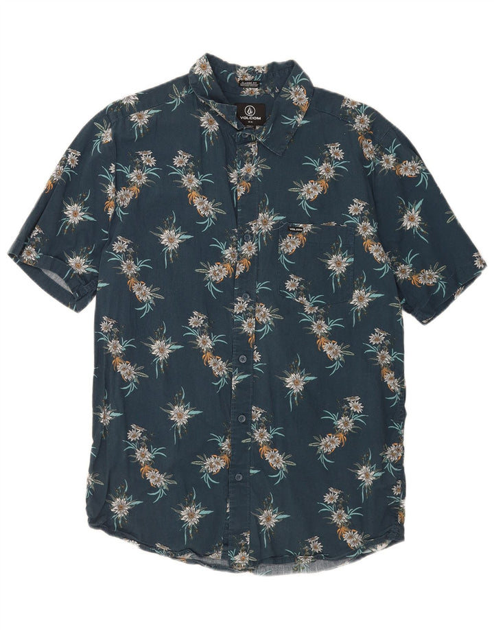 Мужская рубашка классического кроя с коротким рукавом Volcom, хлопковая рубашка среднего синего цвета с цветочным принтом