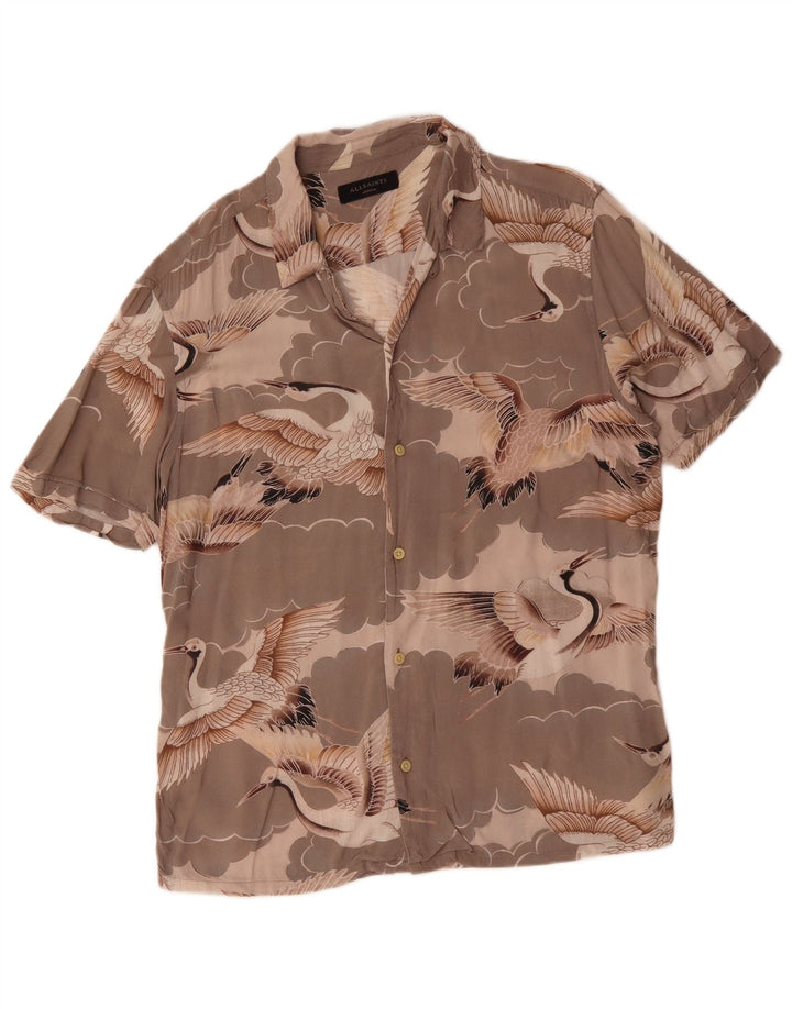Мужская рубашка с коротким рукавом All Saints, средне-серая, с животным принтом, вискозная птица