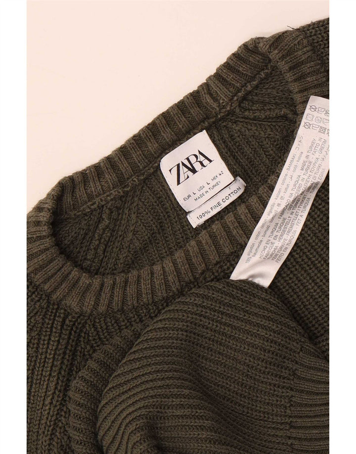 Мужской джемпер с круглым вырезом Zara, большой зеленый хлопковый свитер