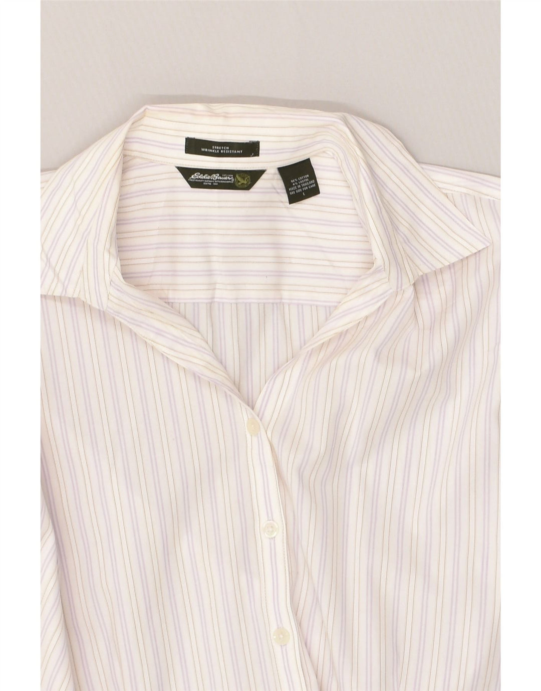 EDDIE BAUER Womens 3/4 Sleeve Shirt UK 16 Large White Striped Cotton | Vintage Eddie Bauer | Thrift | Second-Hand Eddie Bauer | Used Clothing | Messina Hembry 