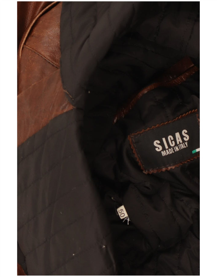 ВИНТАЖНОЕ Мужское двубортное кожаное пальто в стиле милитари IT 50, большое коричневое