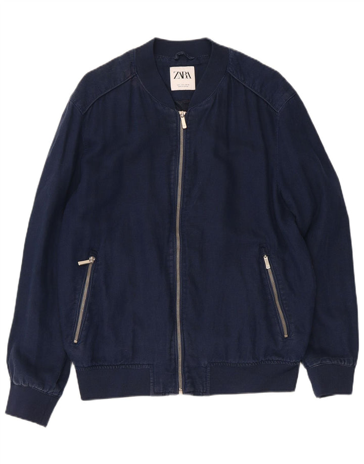 Мужская куртка-бомбер ZARA UK 40, большой размер, темно-синий, полиэстер
