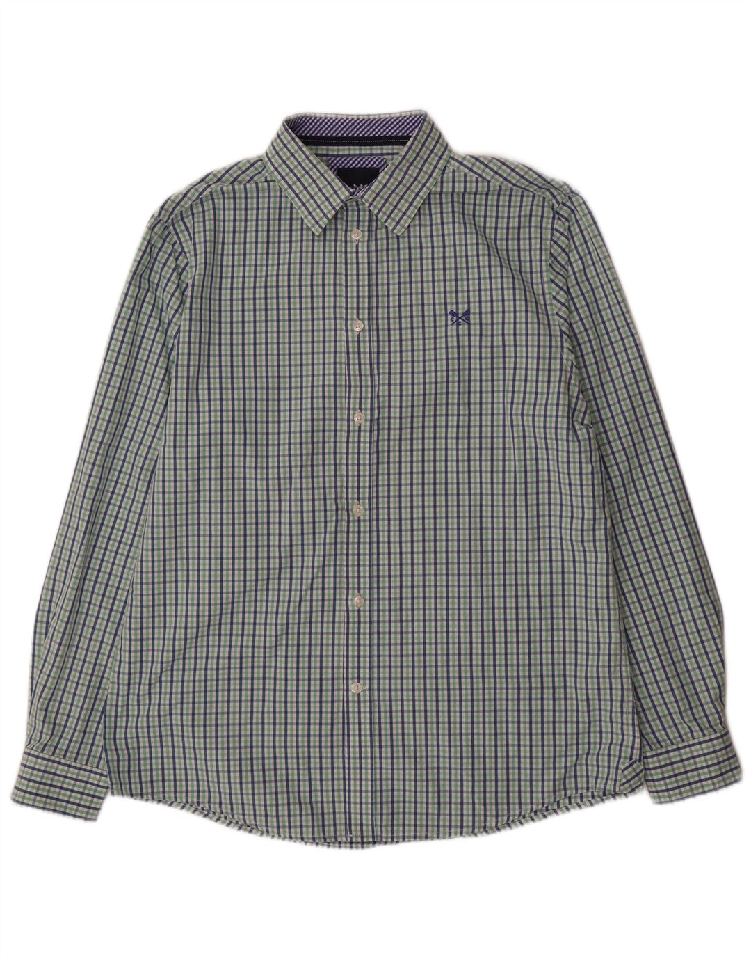 Crew Clothing Мужская классическая рубашка среднего размера из хлопка в мелкую зеленую клетку