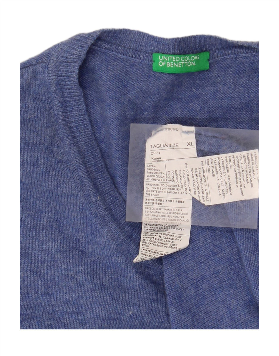Мужской джемпер с круглым вырезом BENETTON XL, синий, шерсть