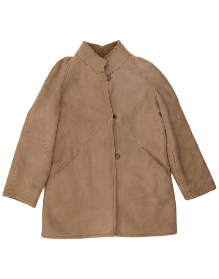 Винтажная женская короткая дубленка IT 46, большая бежевая короткая шерсть