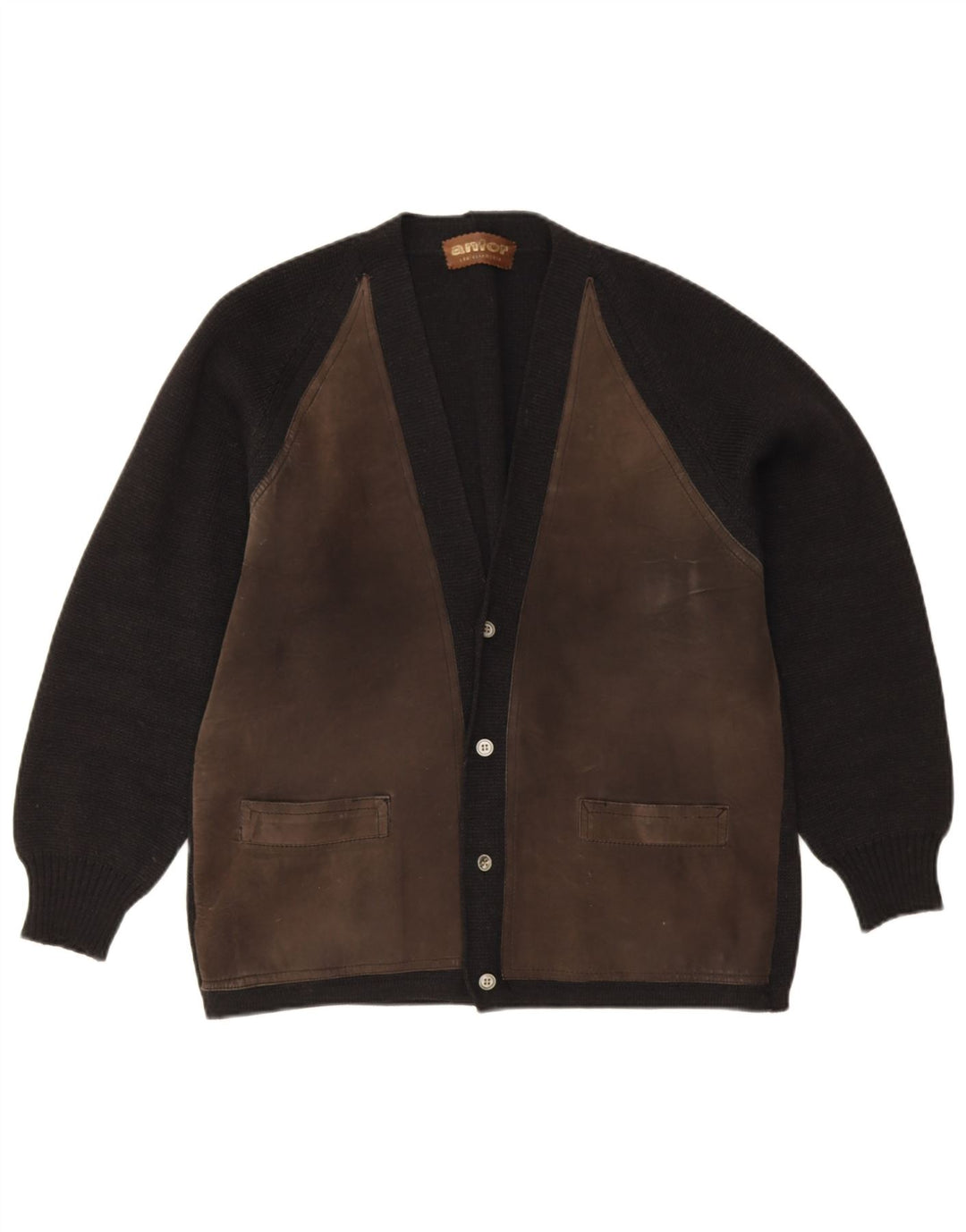 Мужской замшевый свитер-кардиган Anfor EU 48, замша среднего черного цвета с цветными блоками