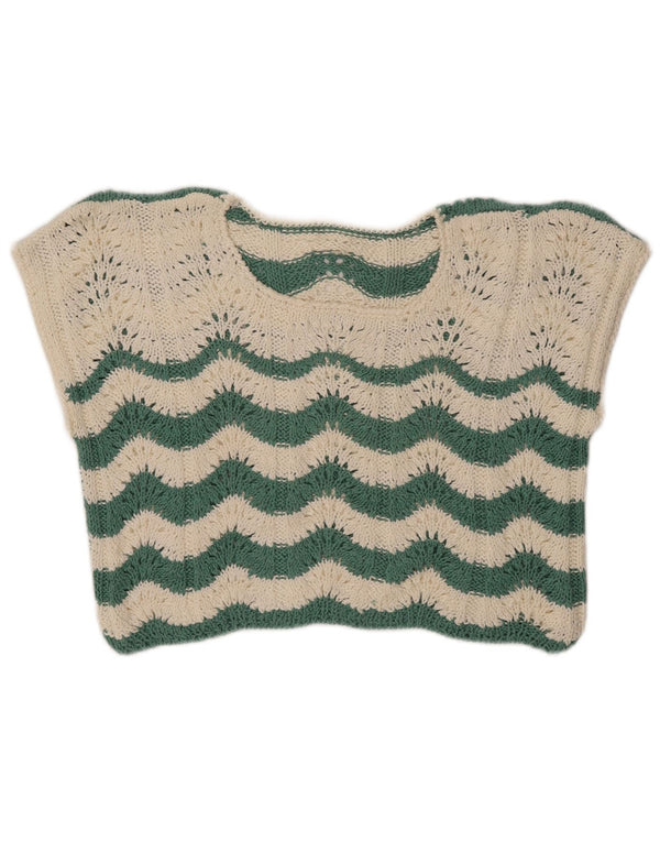 VINTAGE Womens Crop Crochet Vest Tank Top UK 14 Medium Green Chevron