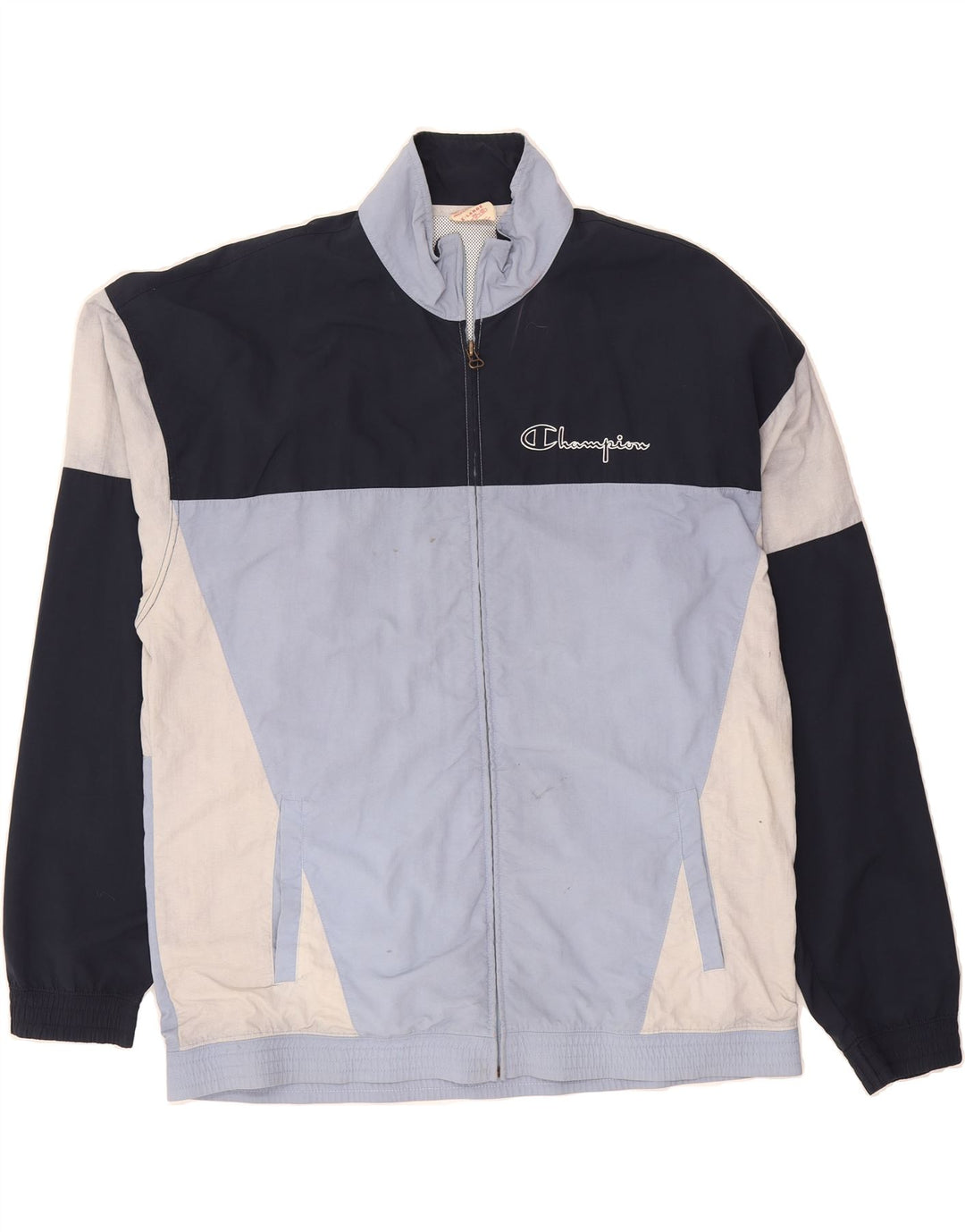 CHAMPION Mens Tracksuit Top Jacket XL Blue Colourblock Polyester Vintage Champion and Second-Hand Champion from Messina Hembry 