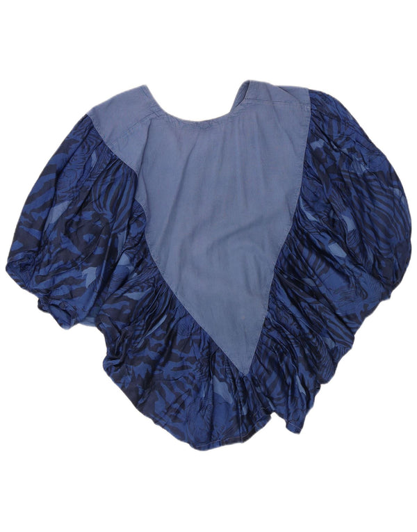 Винтажная женская блузка с крыльями летучей мыши, топ UK 14, средний синий с животным принтом
