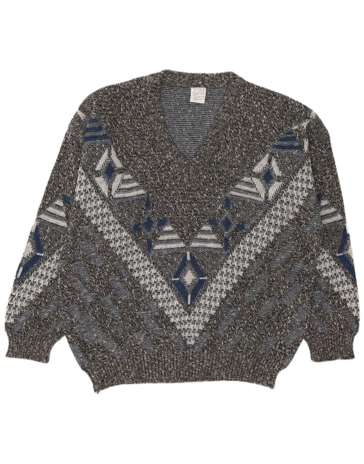 ВИНТАЖНЫЙ мужской джемпер с v-образным вырезом, Великобритания, 46/48, 2XL, разноцветный, с геометрическим рисунком