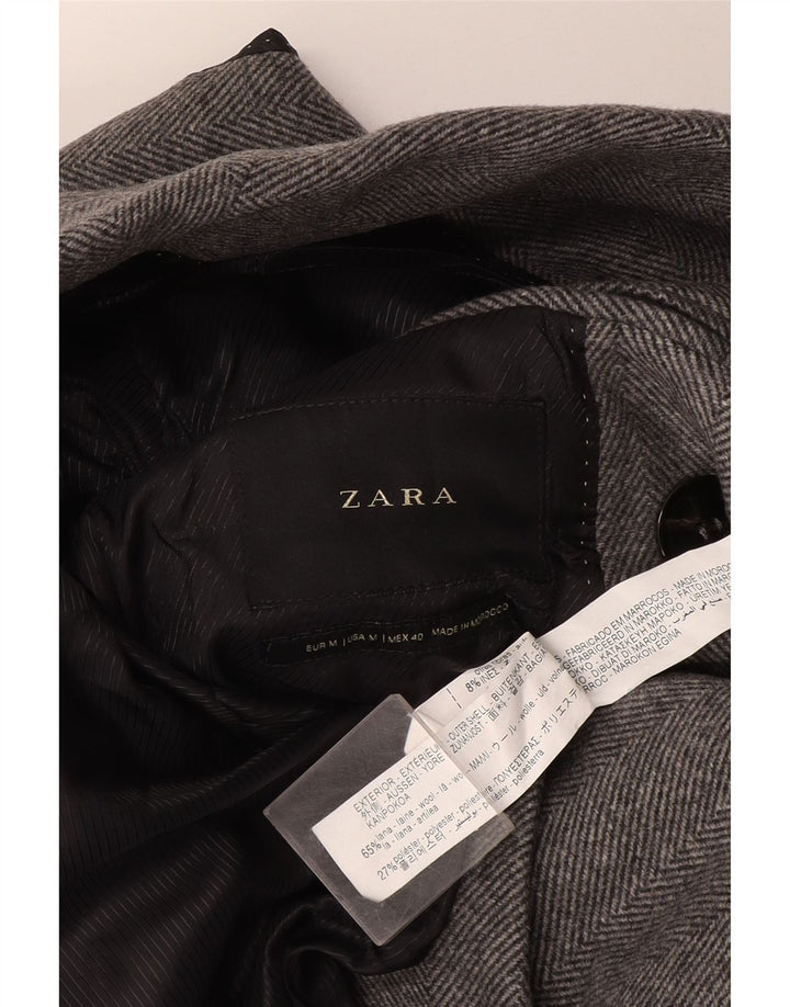 Мужское двубортное пальто Zara UK 38, шерсть среднего серого цвета с узором «елочка»
